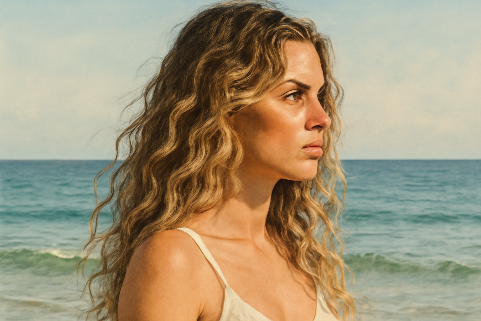 Woman with beachy waves in her hair standing by the ocean
